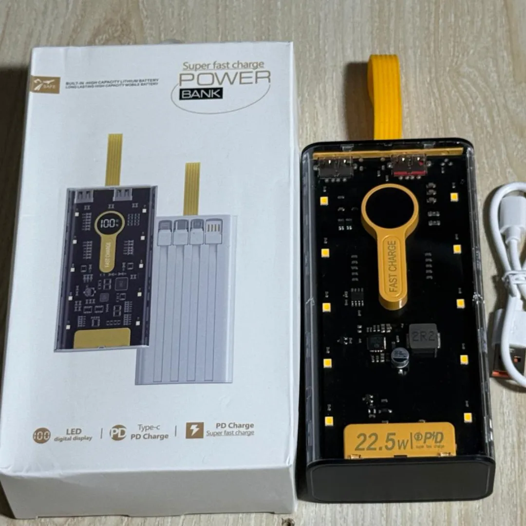 🔋 Transparent Power Bank with LED & Universal Charging Cables – 20000mAh 🔋